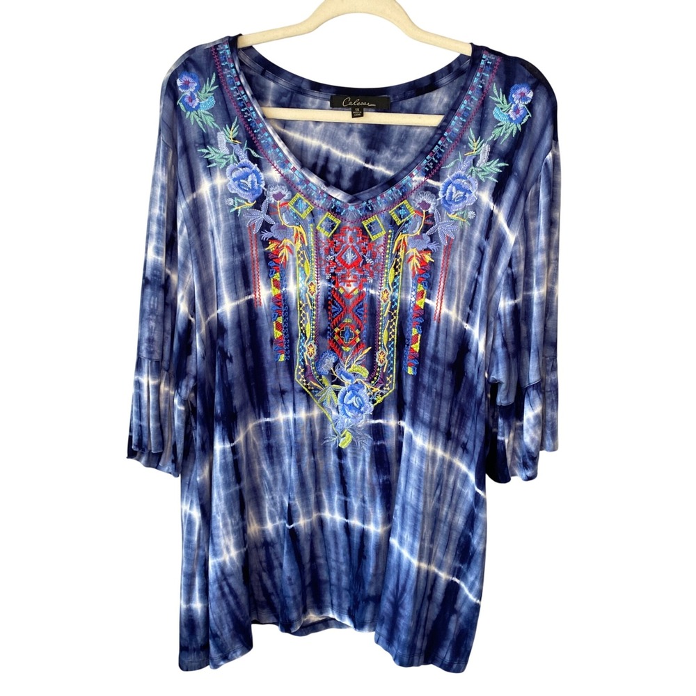 Caleooa Womens 1X Blue‎ Tie Dye Embroidered V-Neck Bell Sleeve Tunic Top